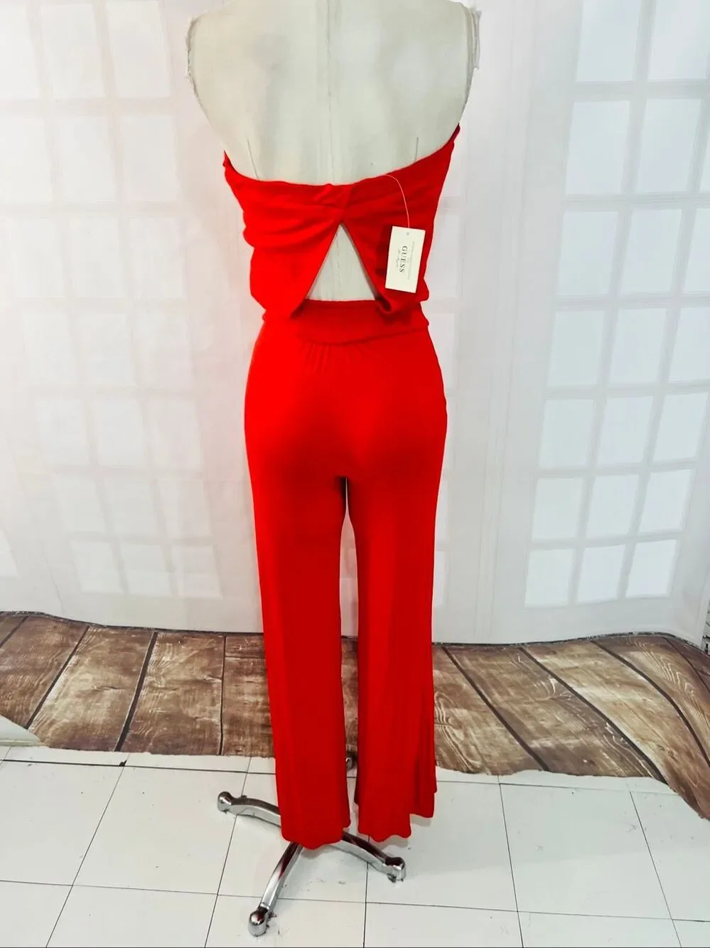 Guess NWT Coral Red Wide Leg Cutout Back Strapless Jersey Jumpsuit Size XS